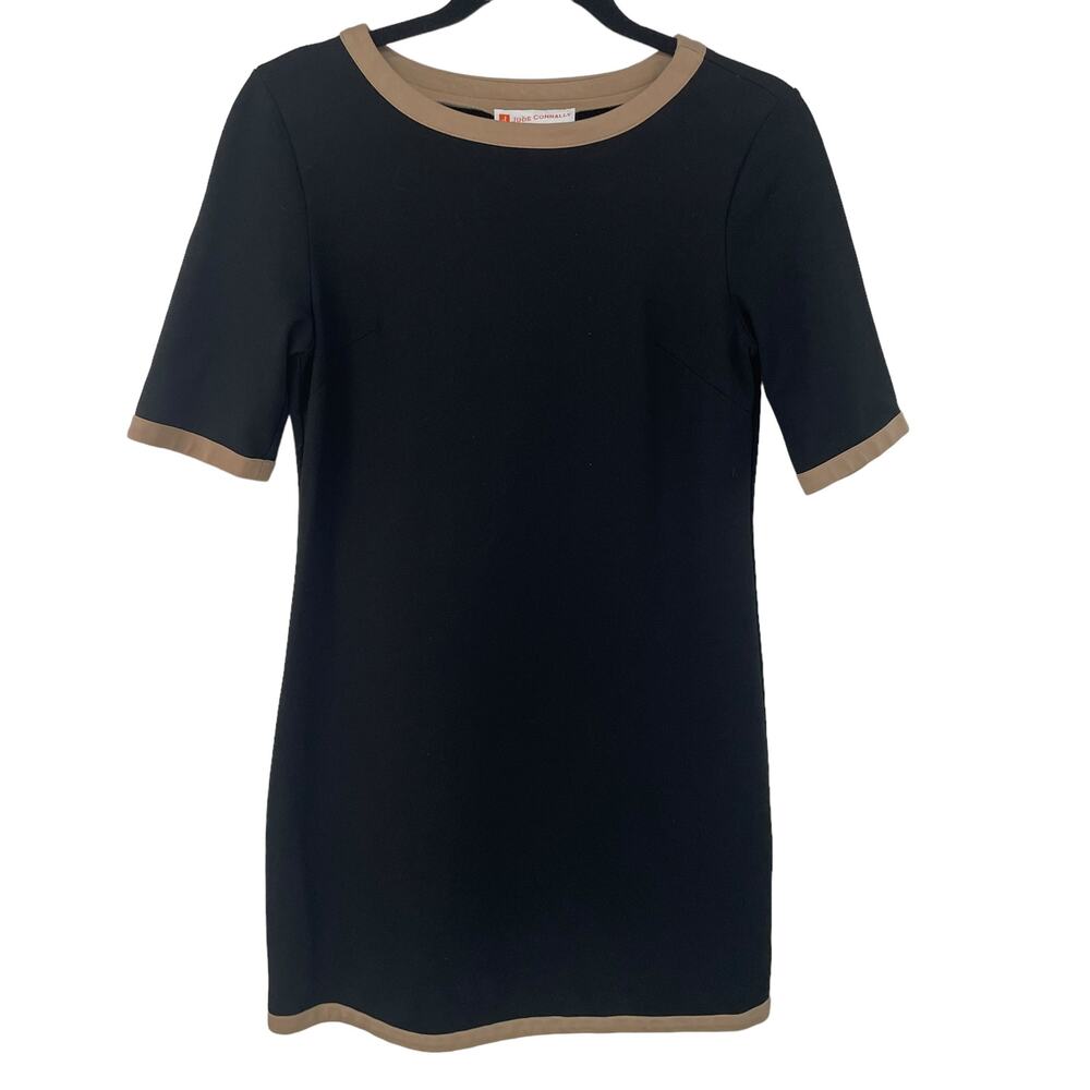 Jude Connally Black Tan Trim Short Sleeve Shift Dress Womens Small